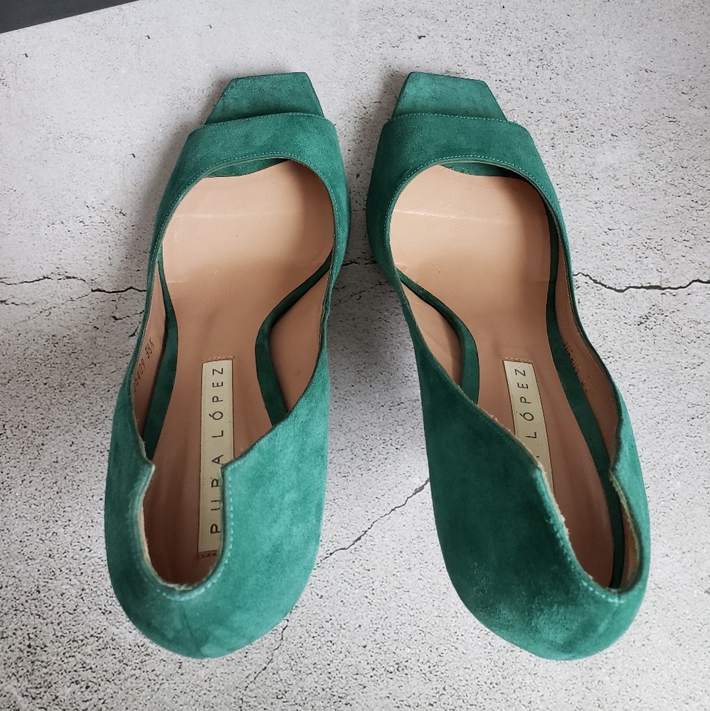 Pura Lopez Emerald Green Suede Peep Toe Pumps Sz 38.5 - Picture 11 of 15
